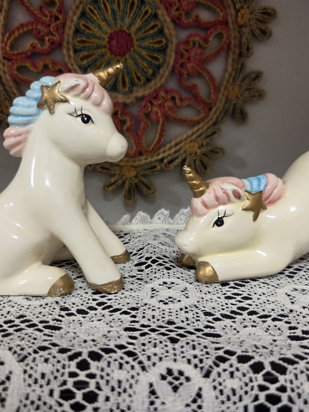 Ceramic Cream Unicorn Figurines with Gold Accents - Set of 2